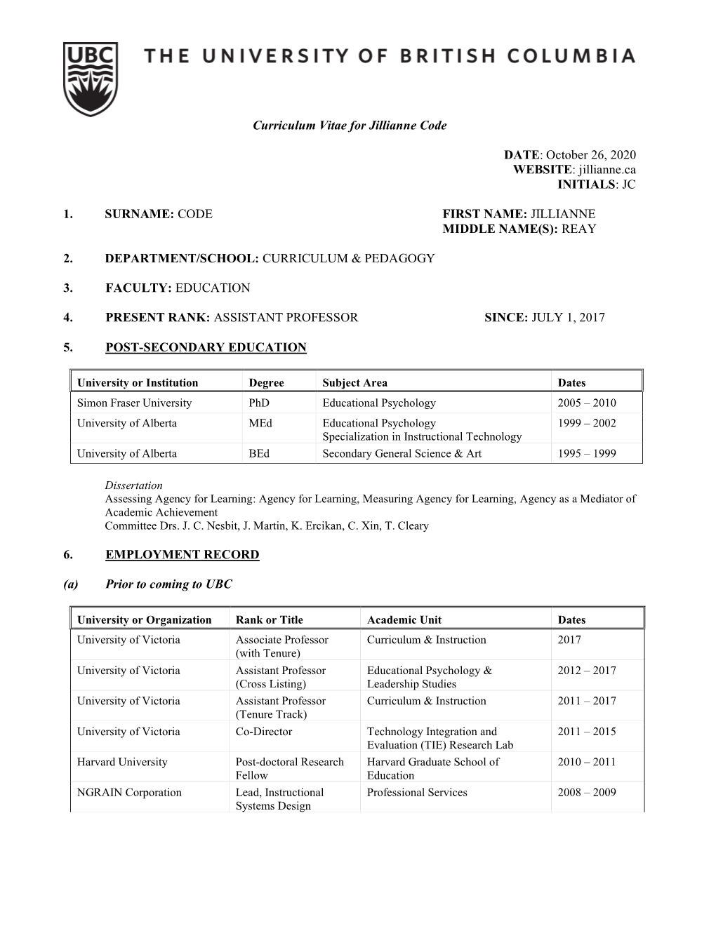 Curriculum Vitae for Dr. Jillianne Code