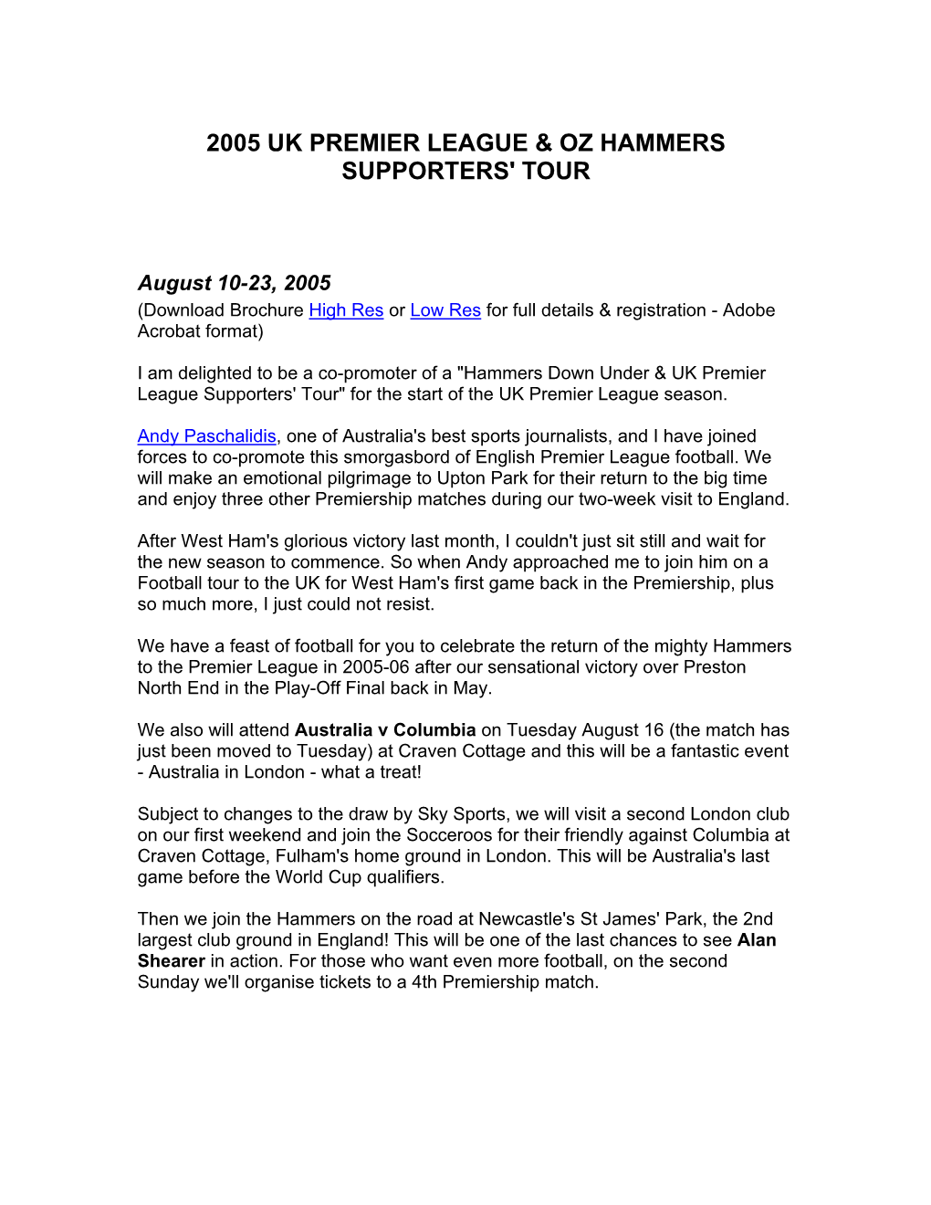 2005 Uk Premier League & Oz Hammers Supporters' Tour