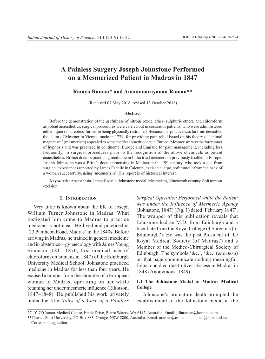 A Painless Surgery Joseph Johnstone Performed on a Mesmerized Patient in Madras in 1847