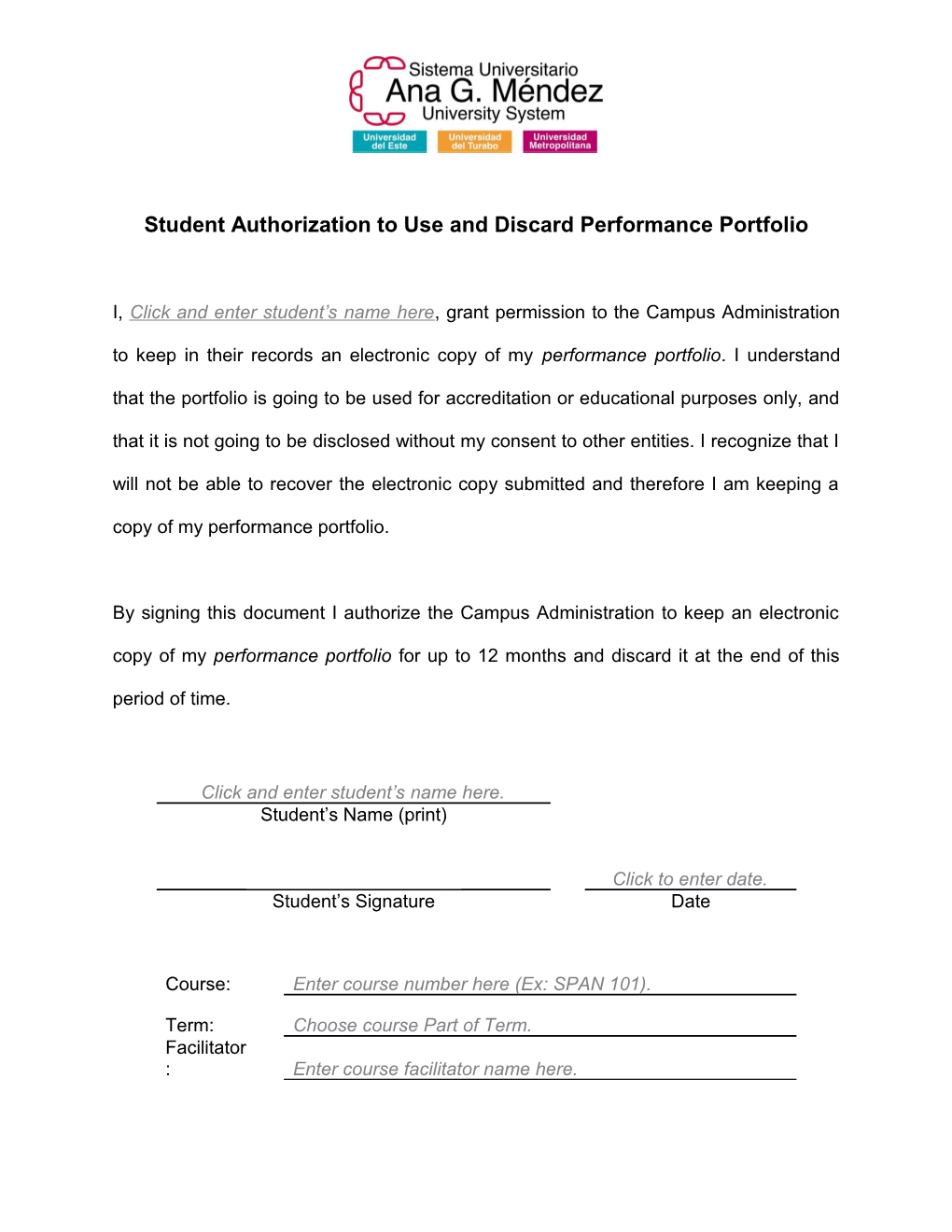 Student Authorization to Use and Discard Performance Portfolio