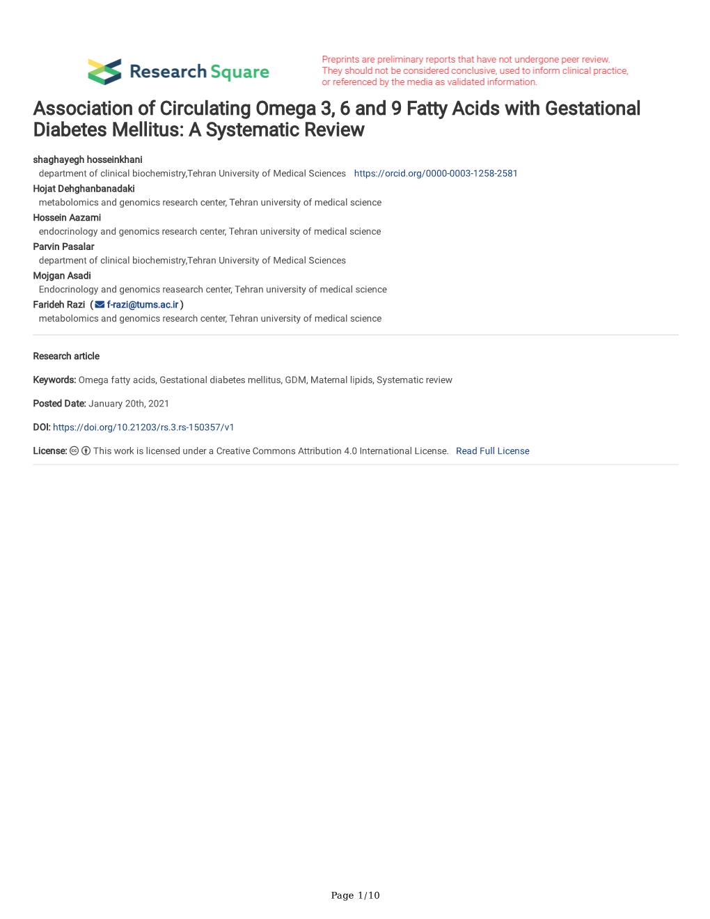 Association of Circulating Omega 3, 6 and 9 Fatty Acids with Gestational