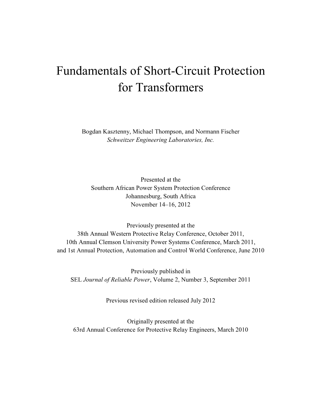 Fundamentals of Short-Circuit Protection for Transformers