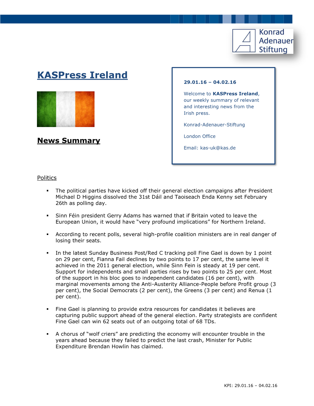 29.01.16 – 04.02.16 Welcome to Kaspress Ireland, Our Weekly Summary of Relevant and Interesting News from the Irish Press