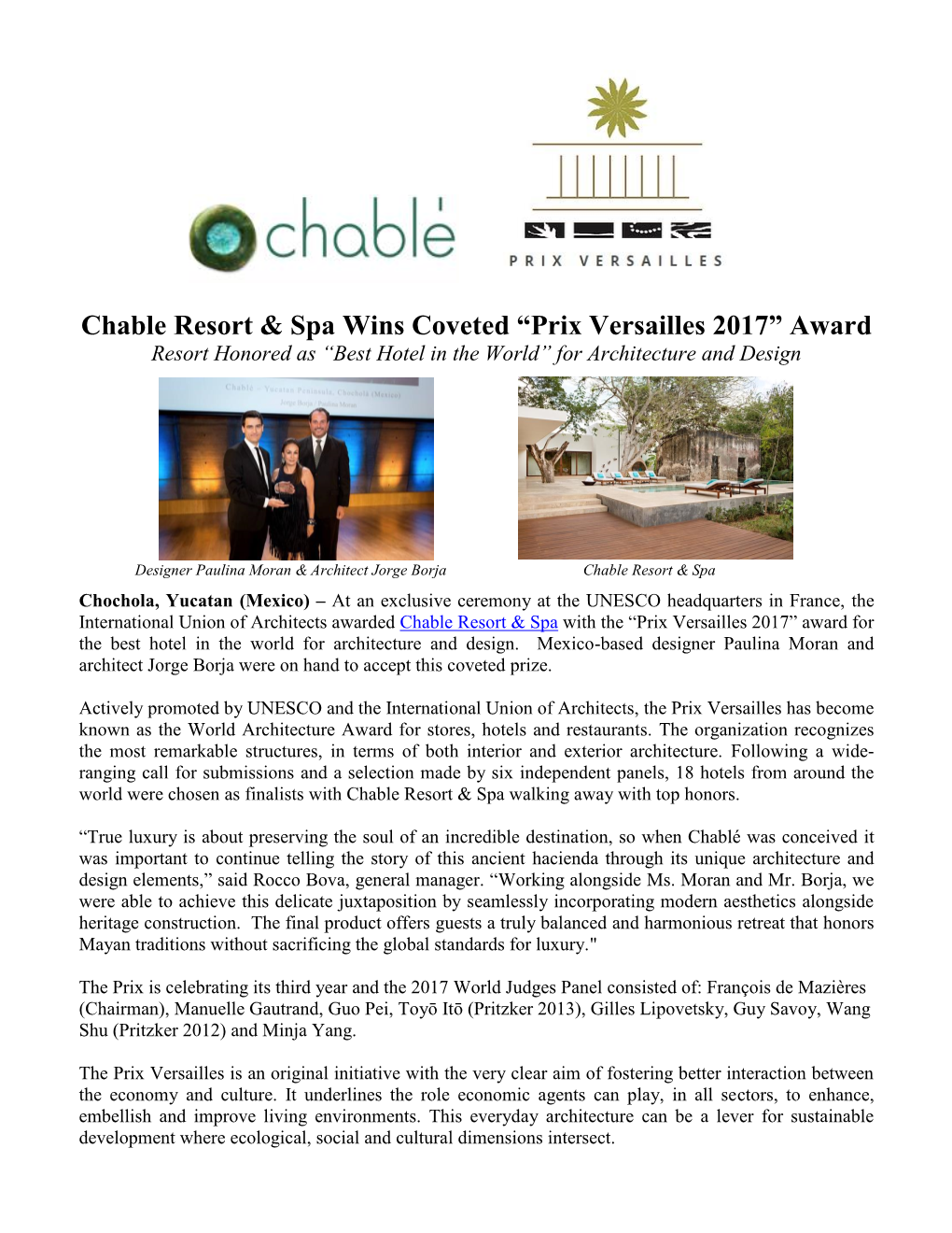 Chable Resort & Spa Wins Coveted “Prix Versailles 2017” Award