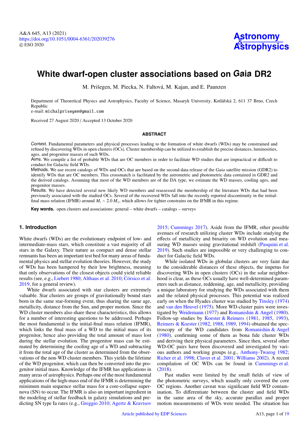 White Dwarf-Open Cluster Associations Based on Gaia DR2 M