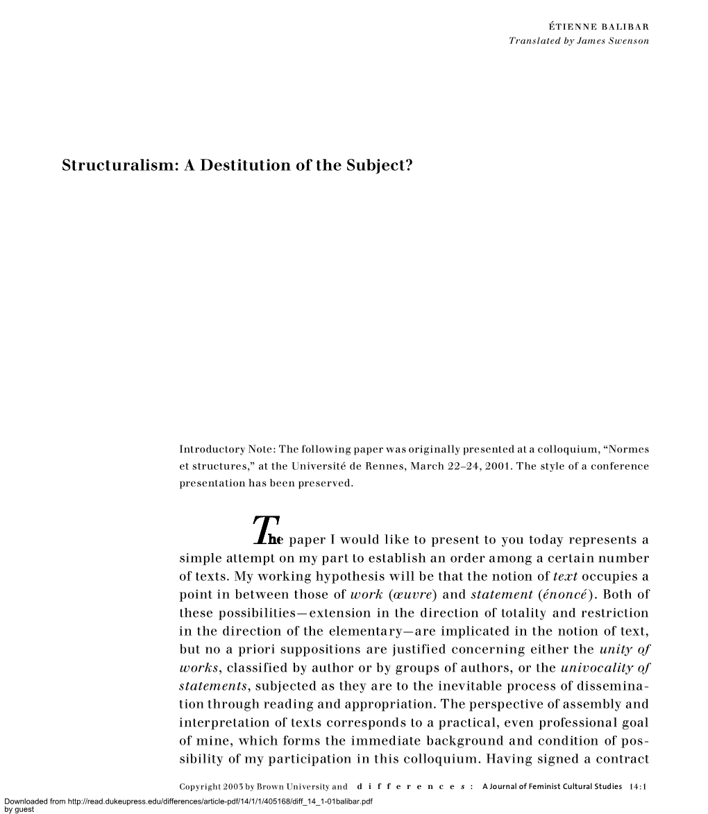 Structuralism: a Destitution of the Subject?