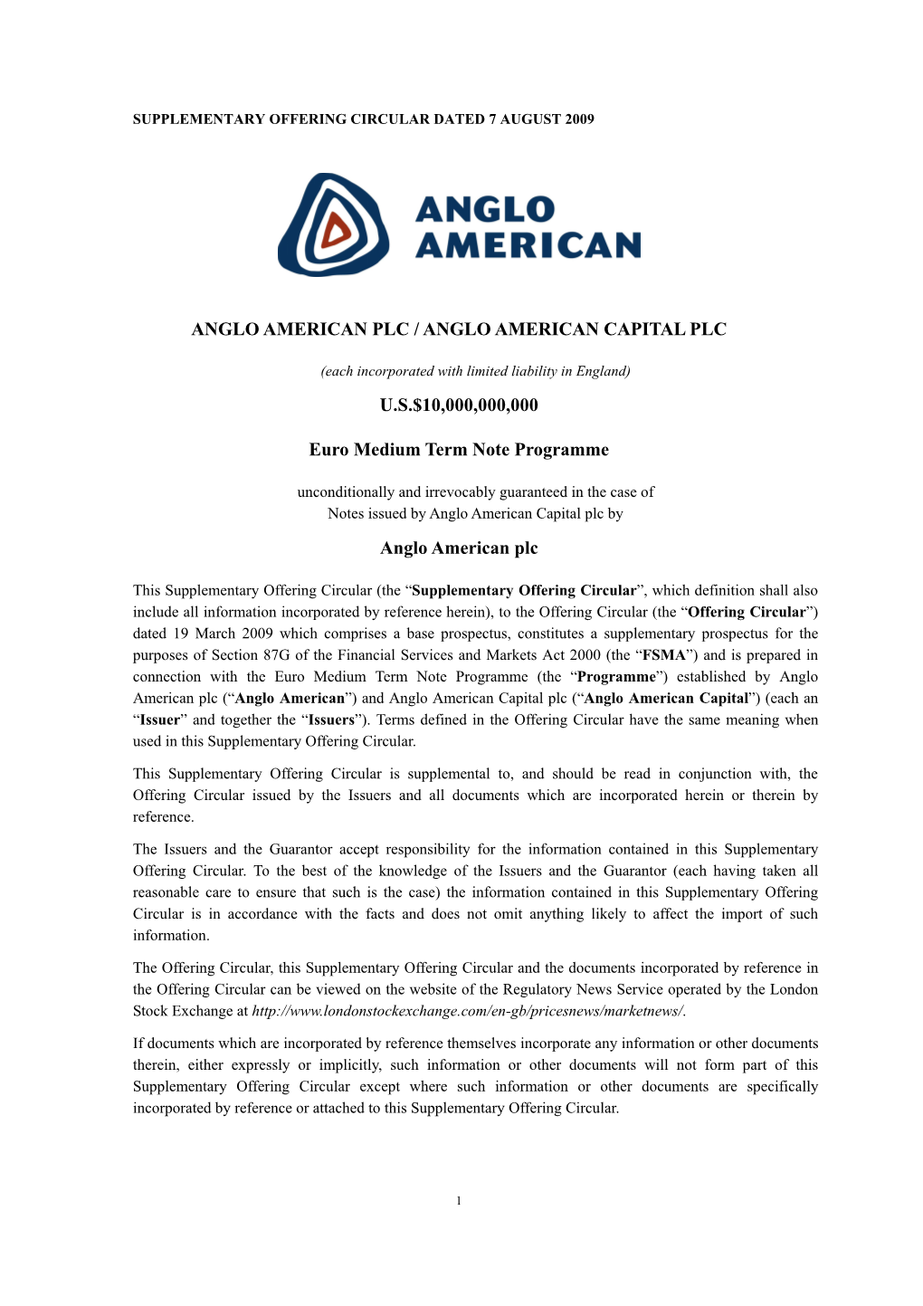 Anglo American Supplementary Offering Circular