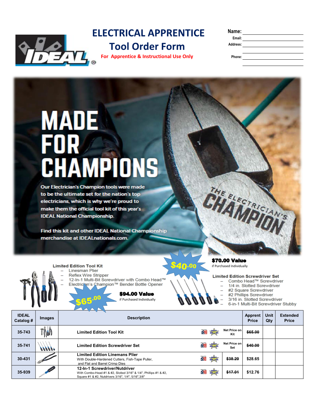 ELECTRICAL APPRENTICE Tool Order Form