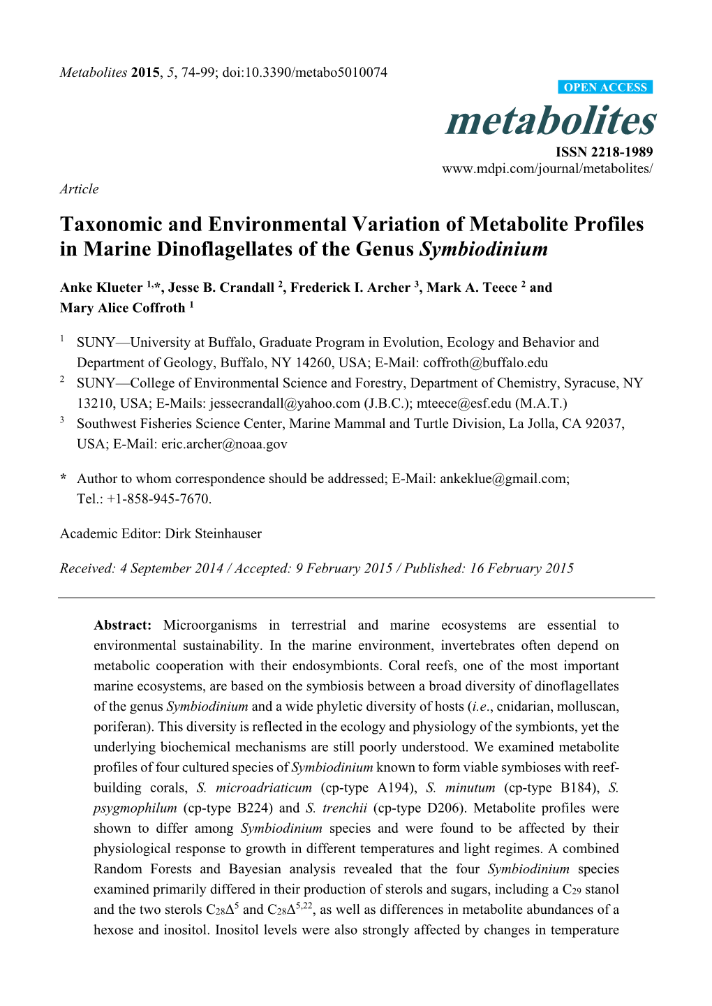 Taxonomic and Environmental Variation of Metabolite Profiles in Marine Dinoflagellates of the Genus Symbiodinium
