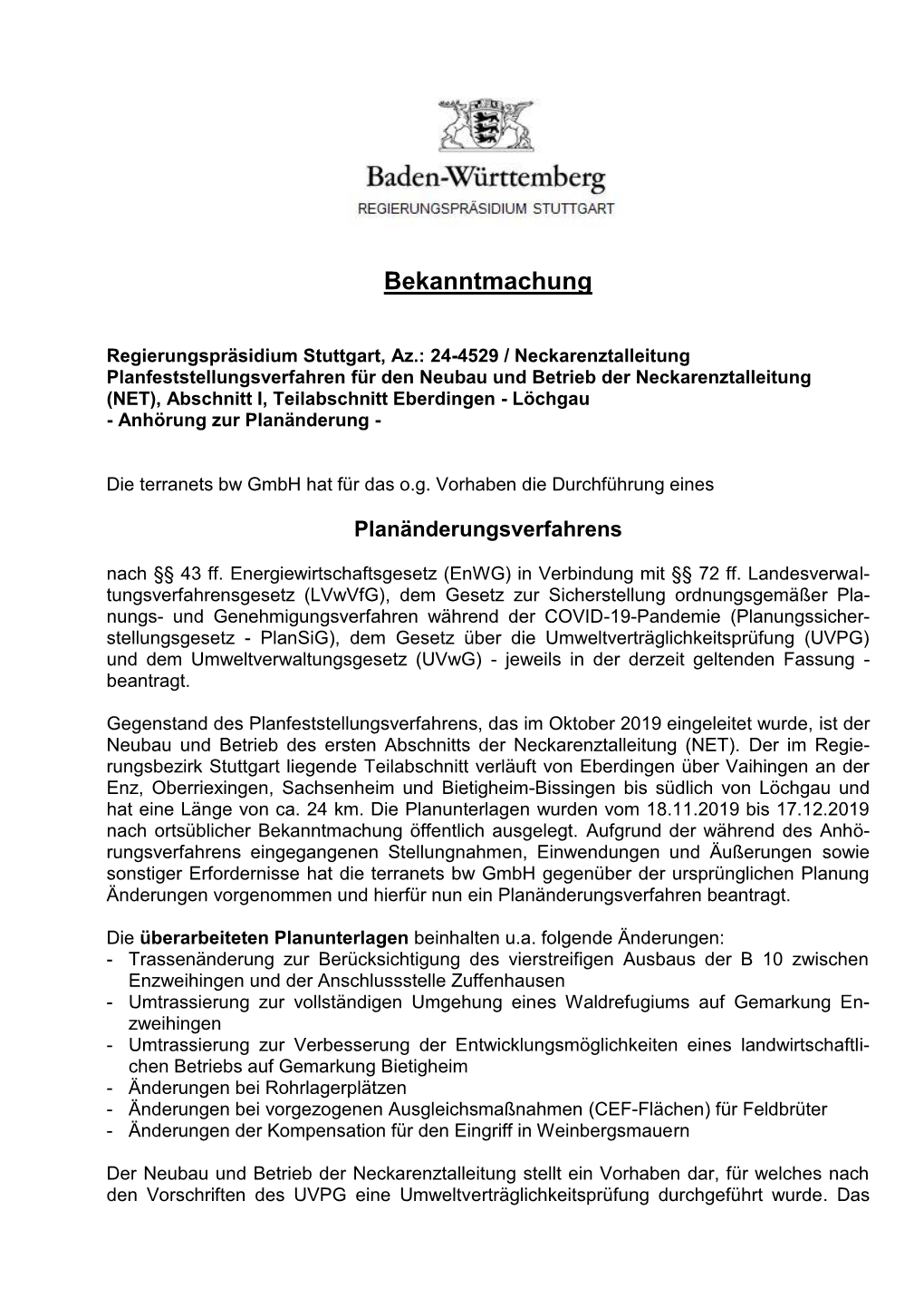 Regierungspräsidium Stuttgart, AZ: 24-4529 / Neckarenztalleitung