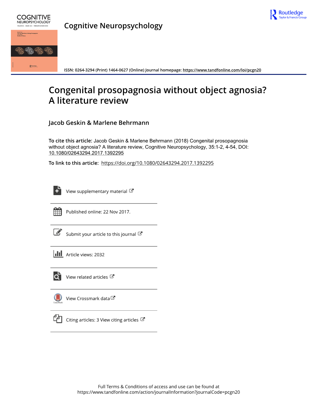 Congenital Prosopagnosia Without Object Agnosia? a Literature Review