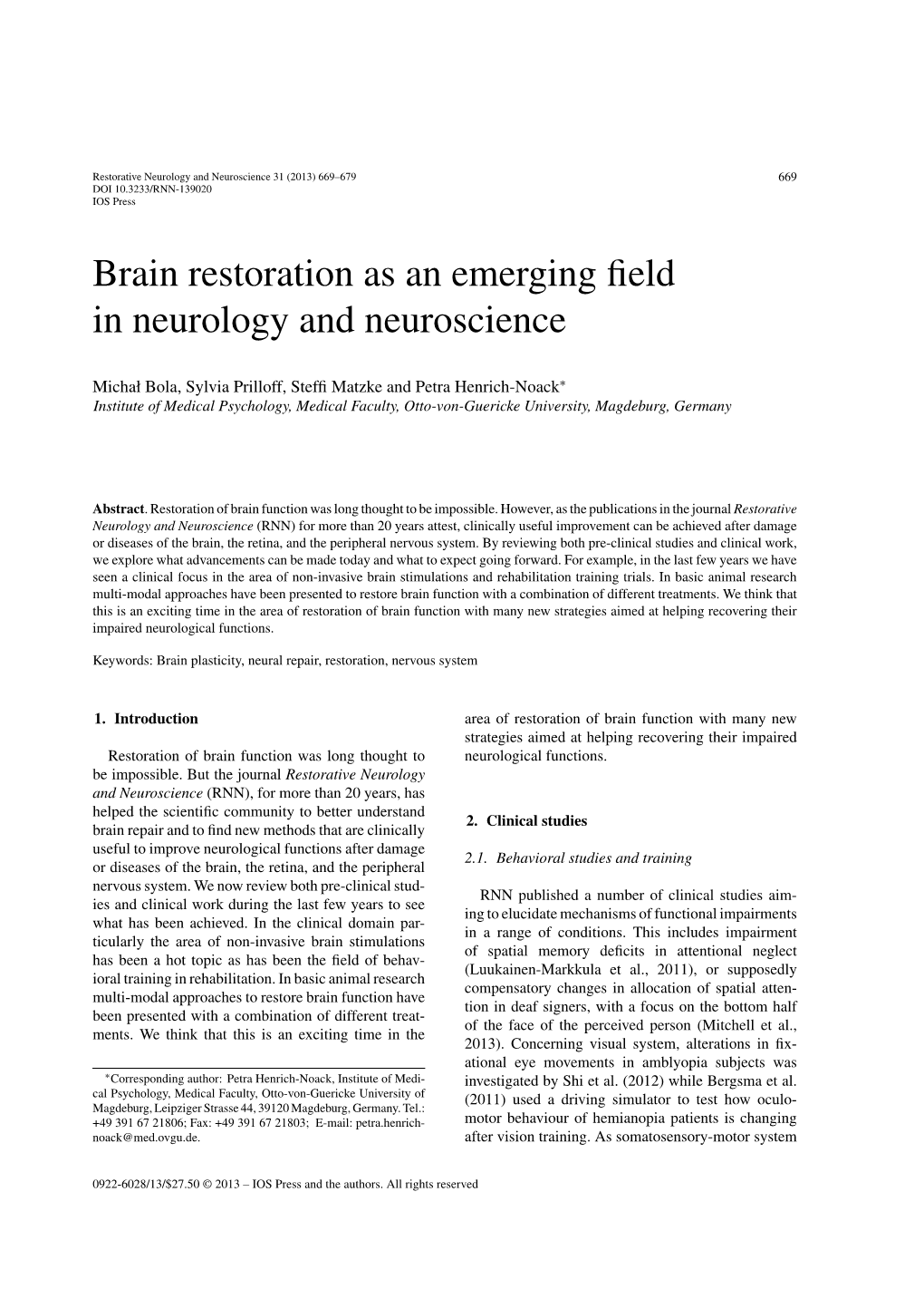 Brain Restoration As an Emerging Field in Neurology and Neuroscience