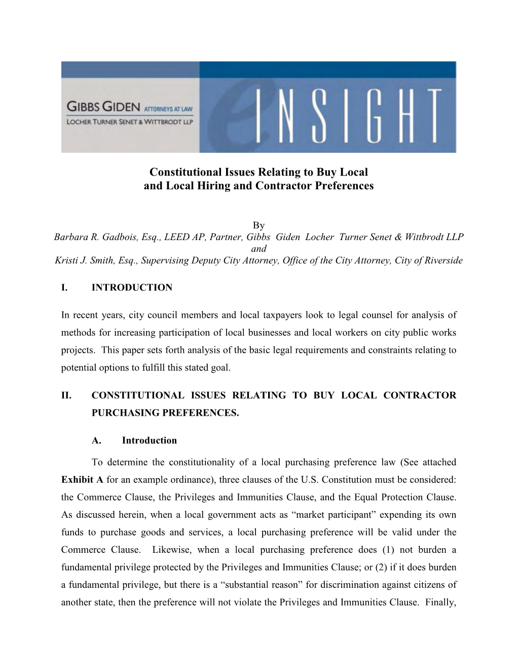 Constitutional Issues Relating to Buy Local and Local Hiring and Contractor Preferences