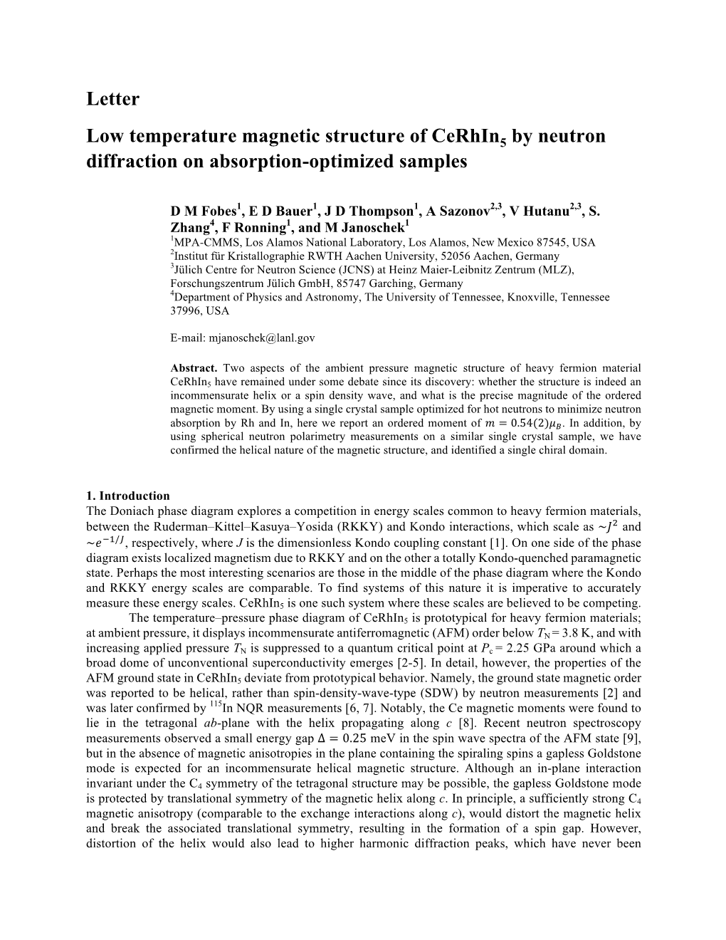 Letter Low Temperature Magnetic Structure of Cerhin by Neutron