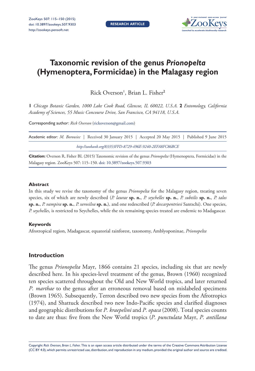 ﻿Taxonomic Revision of the Genus Prionopelta (Hymenoptera
