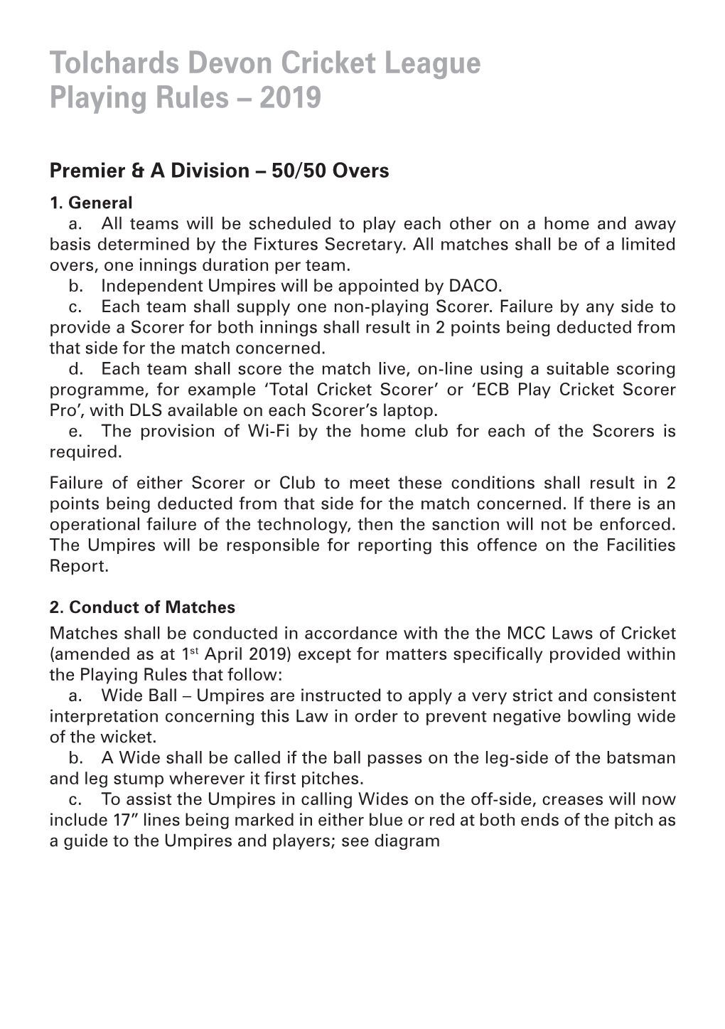 Tolchards Devon Cricket League Playing Rules – 2019
