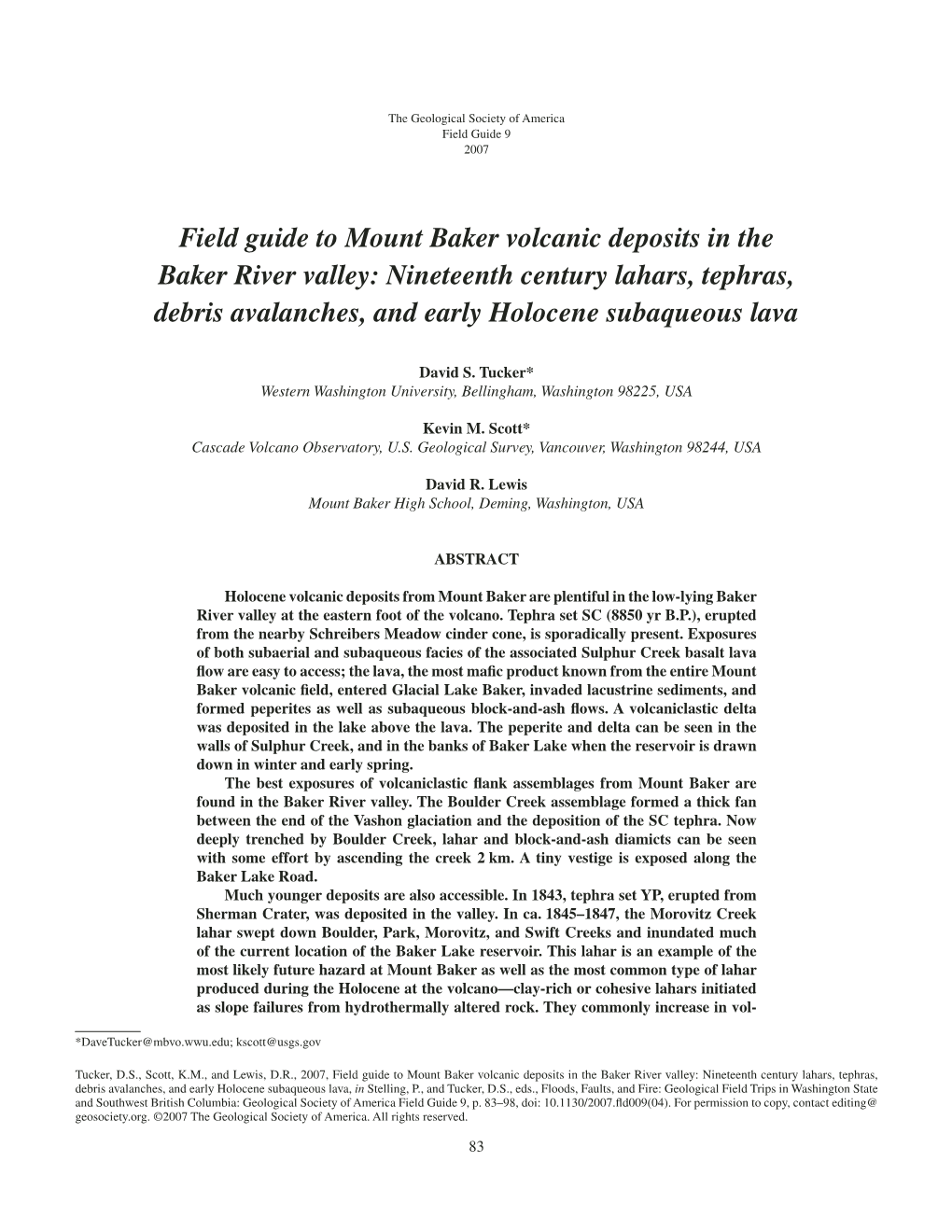 Field Guide to Mount Baker Volcanic Deposits in the Baker River Valley: Nineteenth Century Lahars, Tephras, Debris Avalanches, and Early Holocene Subaqueous Lava