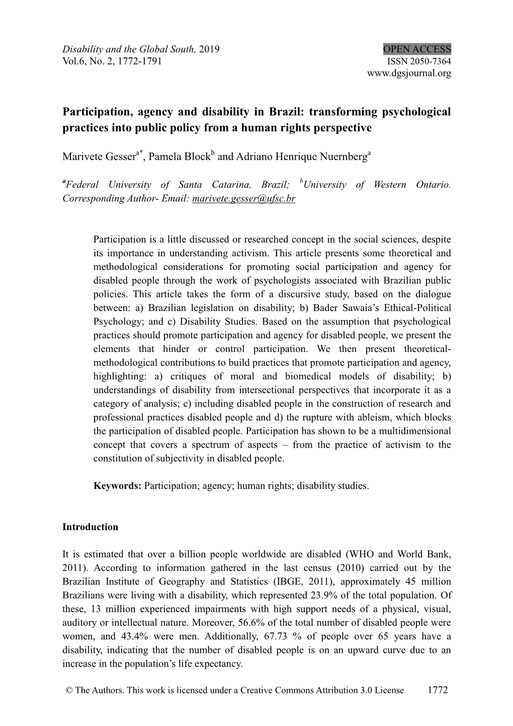 Participation, Agency and Disability in Brazil: Transforming Psychological Practices Into Public Policy from a Human Rights Perspective