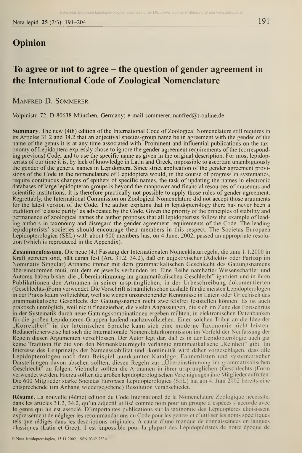 The Question of Gender Agreement in the International Code of Zoological Nomenclature