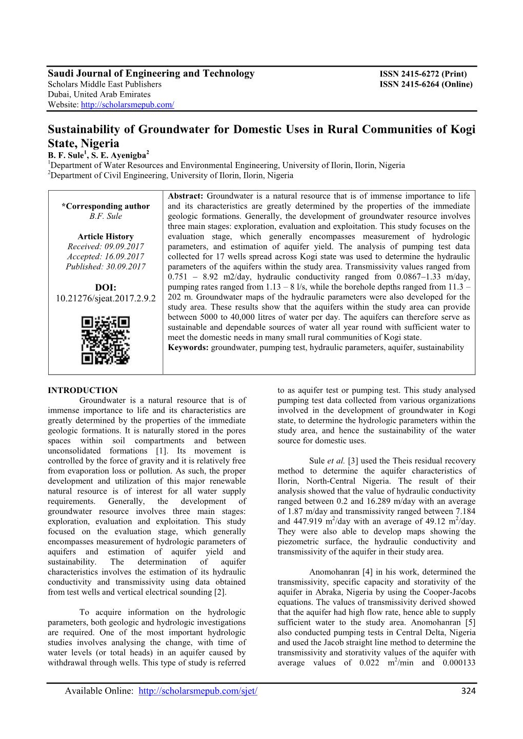Sustainability of Groundwater for Domestic Uses in Rural Communities of Kogi State, Nigeria B
