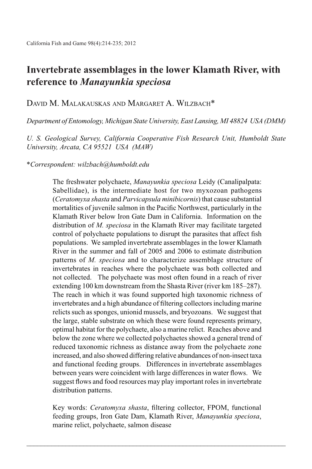 Invertebrate Assemblages in the Lower Klamath River, with Reference to Manayunkia Speciosa