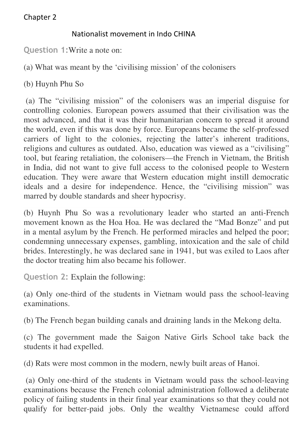 Chapter 2 Nationalist Movement in Indo CHINA Question 1:Write a Note
