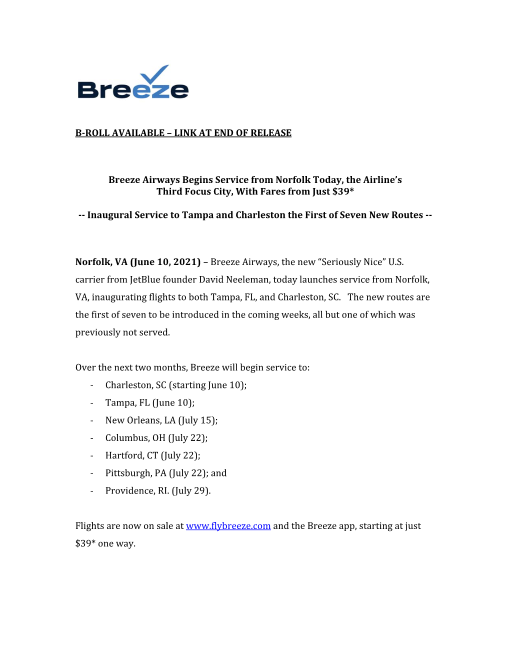 Breeze Airways Begins Service from Norfolk Today, the Airline's Third