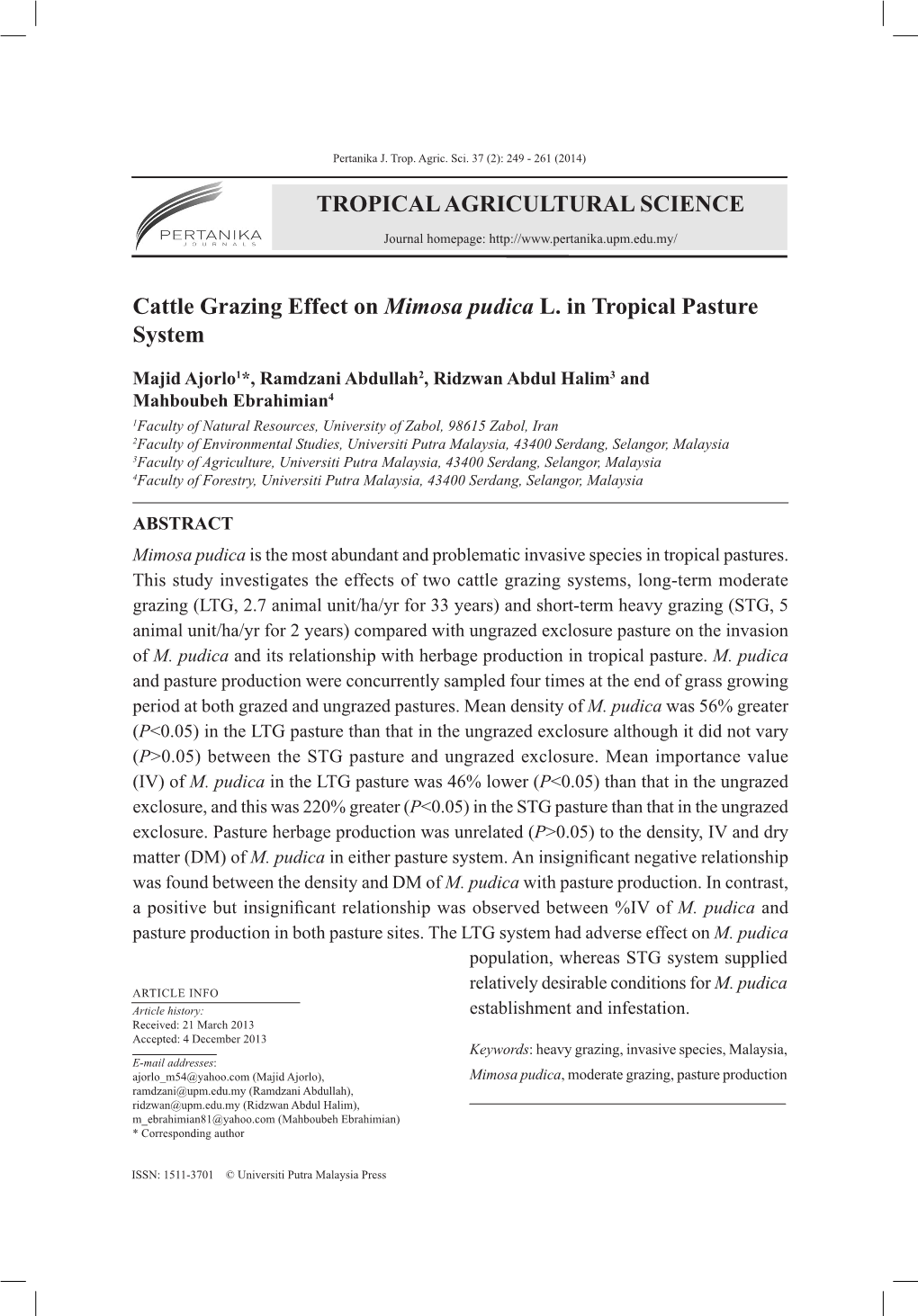 TROPICAL AGRICULTURAL SCIENCE Cattle Grazing Effect On