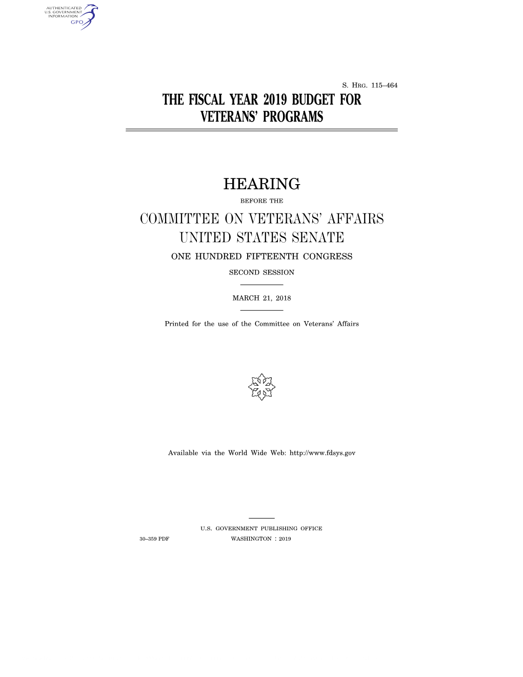 The Fiscal Year 2019 Budget for Veterans' Programs Hearing Committee on Veterans' Affairs United States Senate