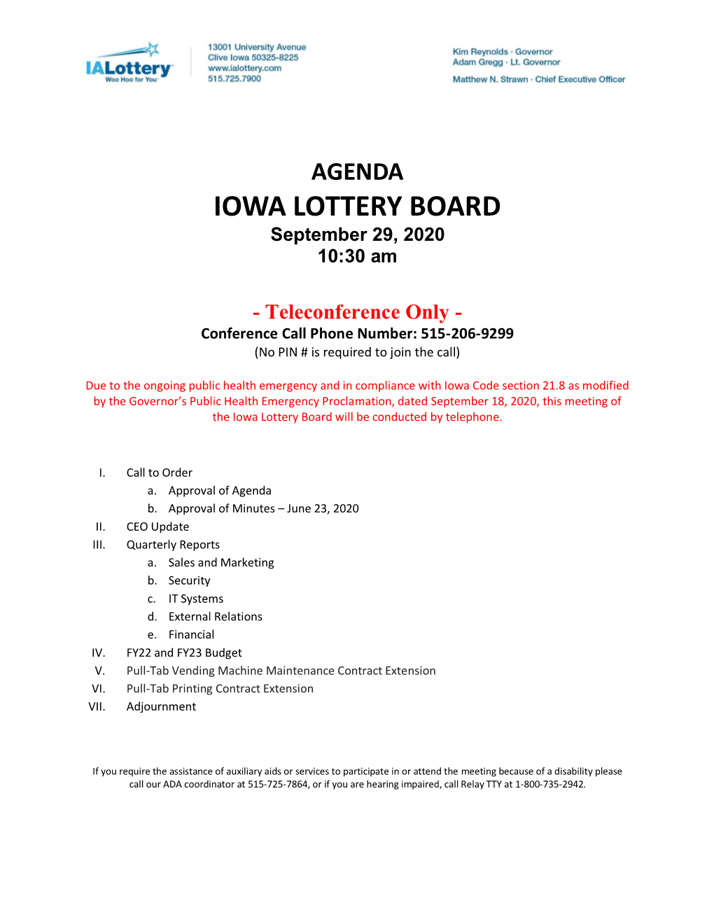 IOWA LOTTERY BOARD September 29, 2020 10:30 Am