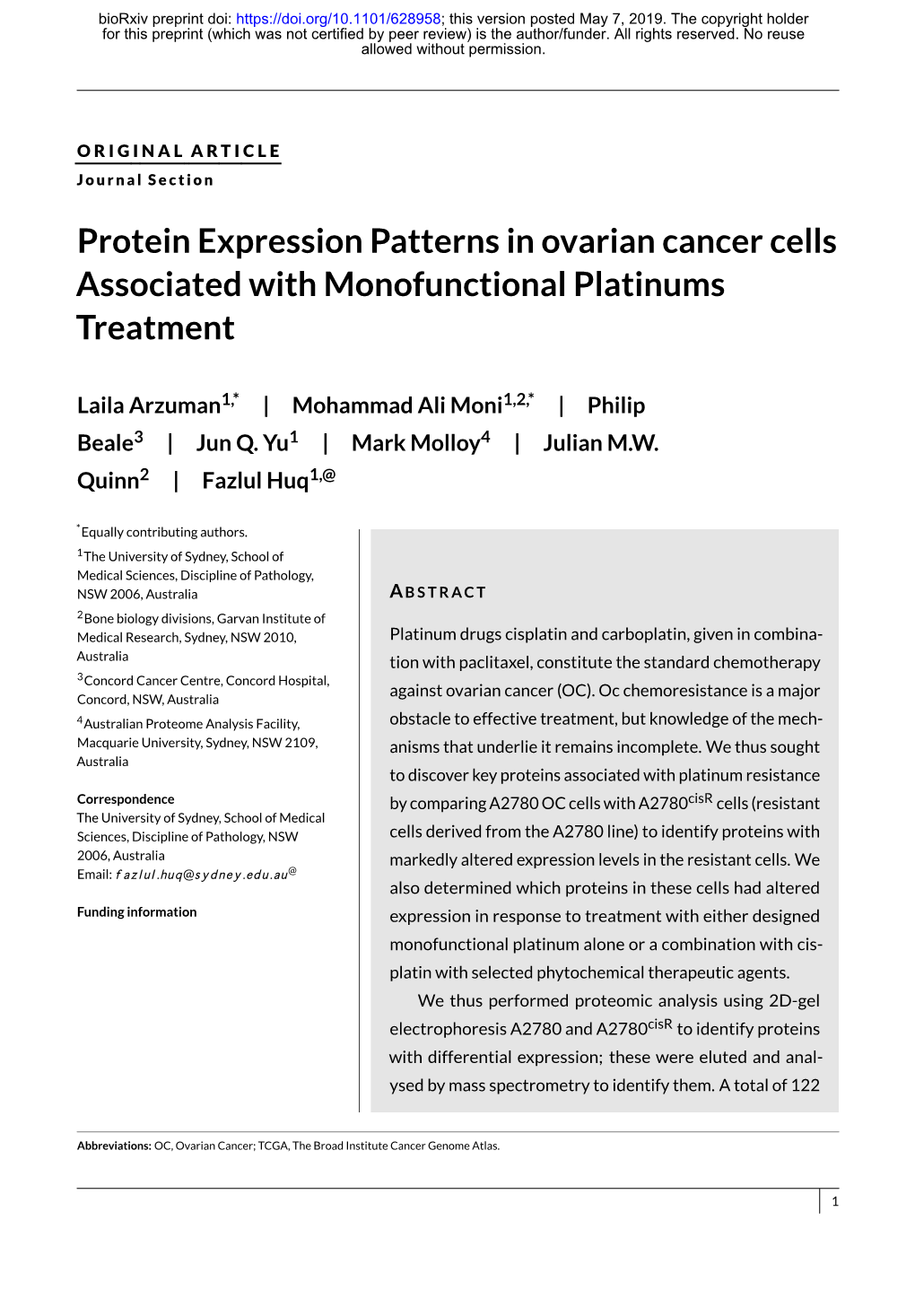 Protein Expression Patterns in Ovarian Cancer Cells Associated with Monofunctional Platinums Treatment