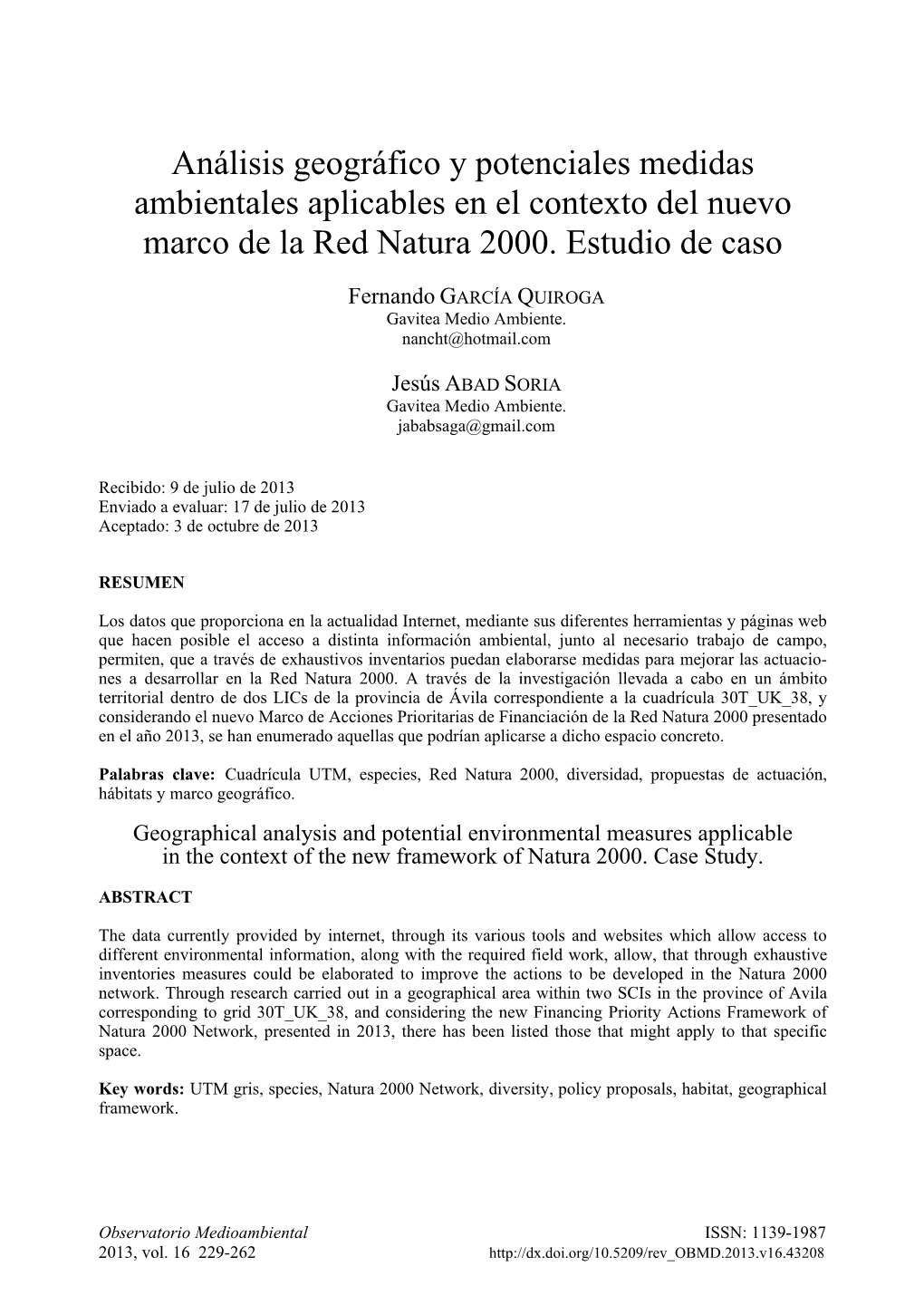 Análisis Geográfico Y Potenciales Medidas Ambientales Aplicables En El Contexto Del Nuevo Marco De La Red Natura 2000