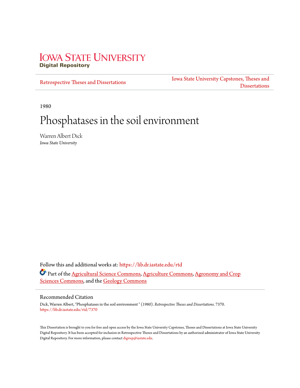 Phosphatases in the Soil Environment Warren Albert Dick Iowa State University