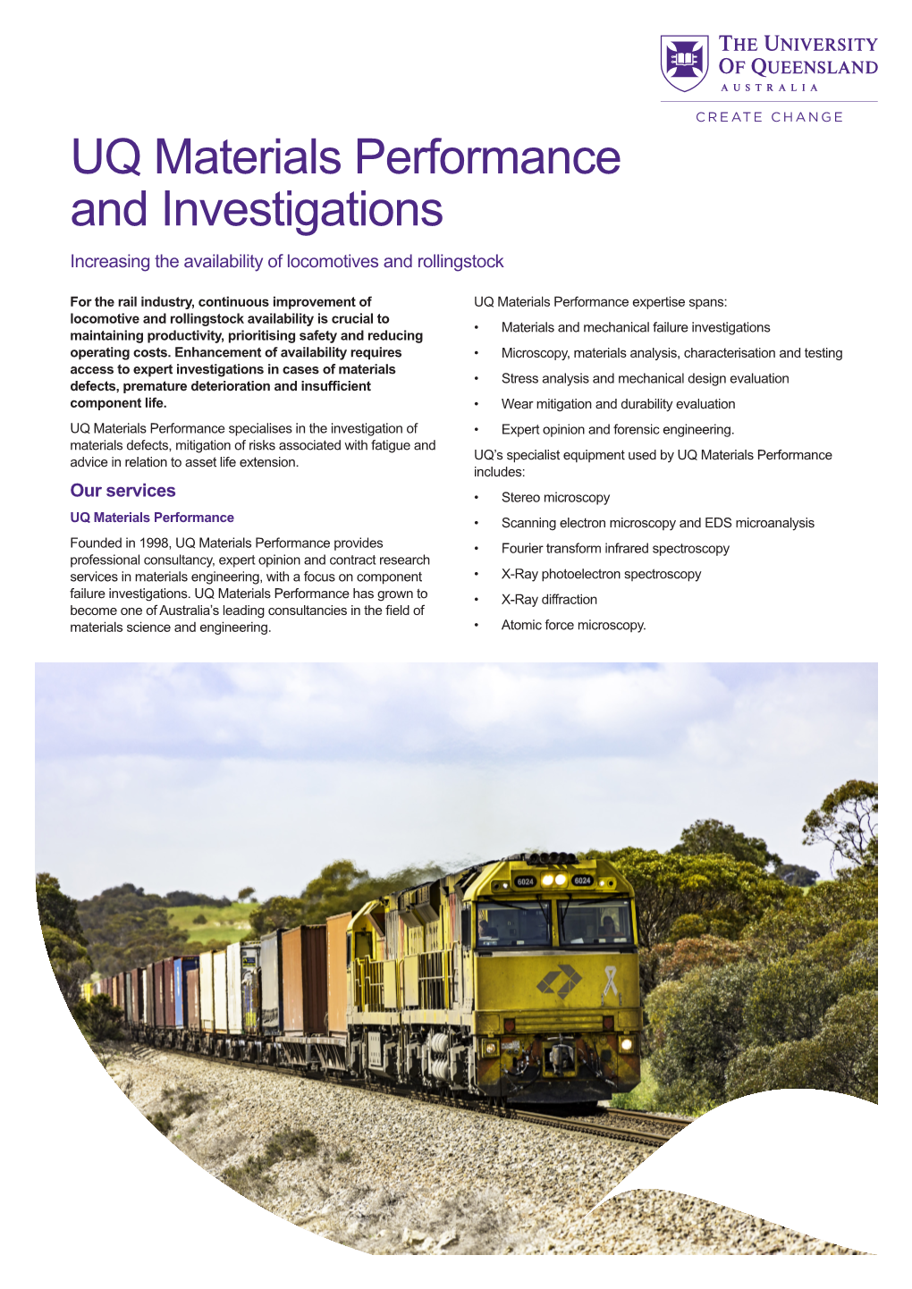 UQ Materials Performance and Investigations Increasing the Availability of Locomotives and Rollingstock