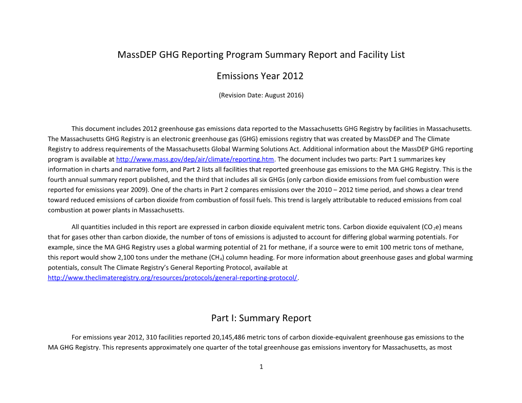 Massdep GHG Reporting Program Summary Report and Facility List