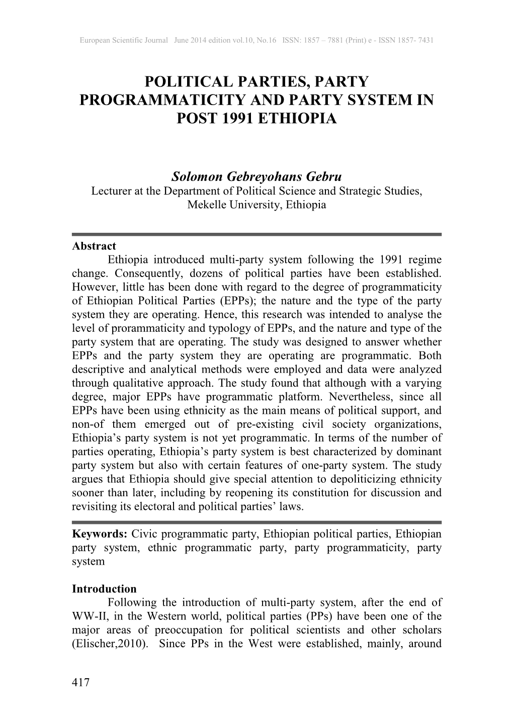 Political Parties, Party Programmaticity and Party System in Post 1991 Ethiopia