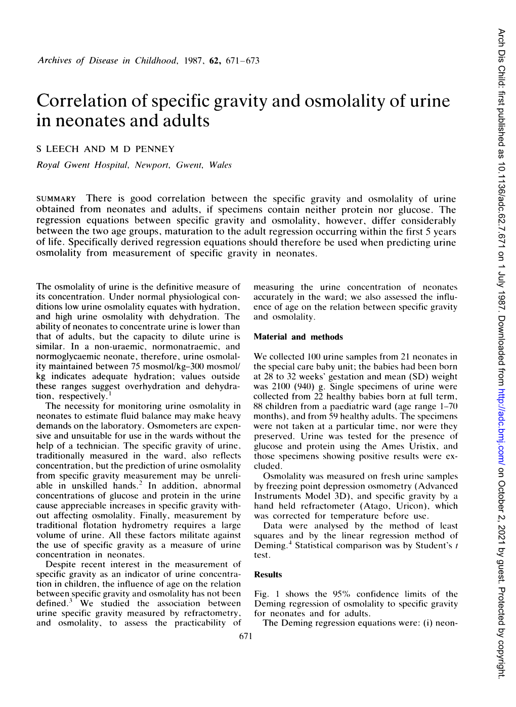 Correlation of Specific Gravity and Osmolality of Urine in Neonates and Adults