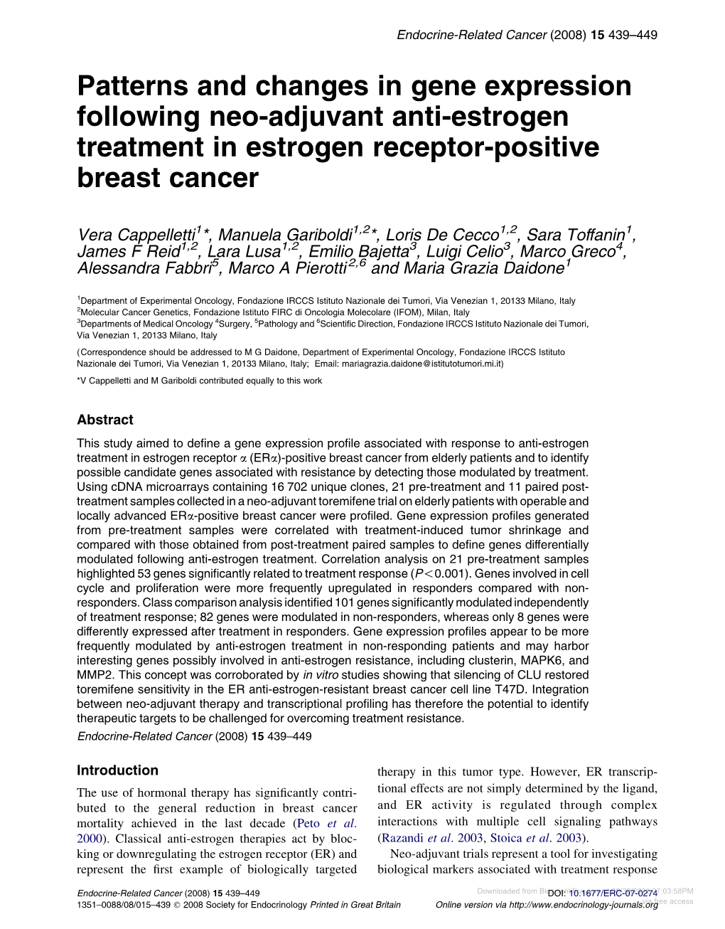 Patterns and Changes in Gene Expression Following Neo-Adjuvant Anti-Estrogen Treatment in Estrogen Receptor-Positive Breast Cancer