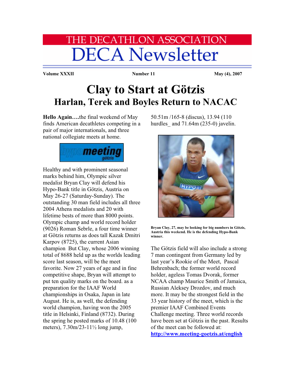 Clay to Start at Götzis Harlan, Terek and Boyles Return to NACAC