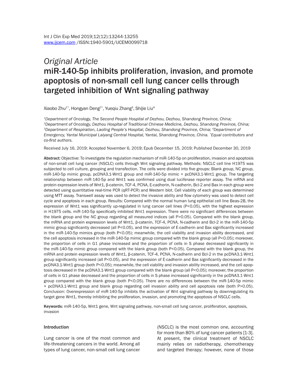 Original Article Mir-140-5P Inhibits Proliferation, Invasion, and Promote