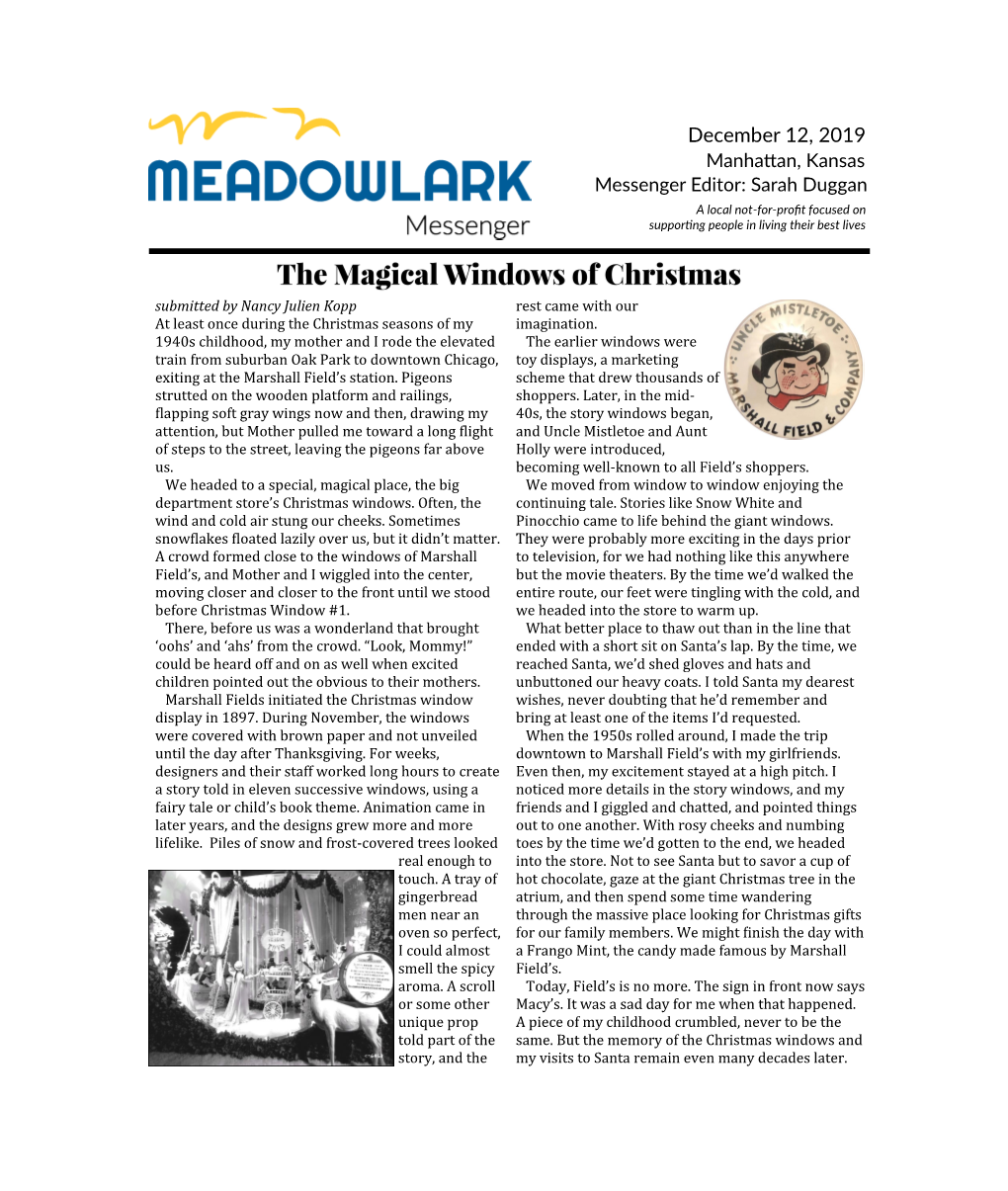 December 12, 2019 Manhattan, Kansas Messenger Editor: Sarah Duggan a Local Not-For-Profit Focused on Supporting People in Living Their Best Lives