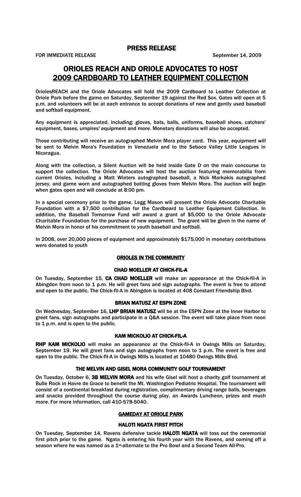 PRESS RELEASE for IMMEDIATE RELEASE September 14, 2009