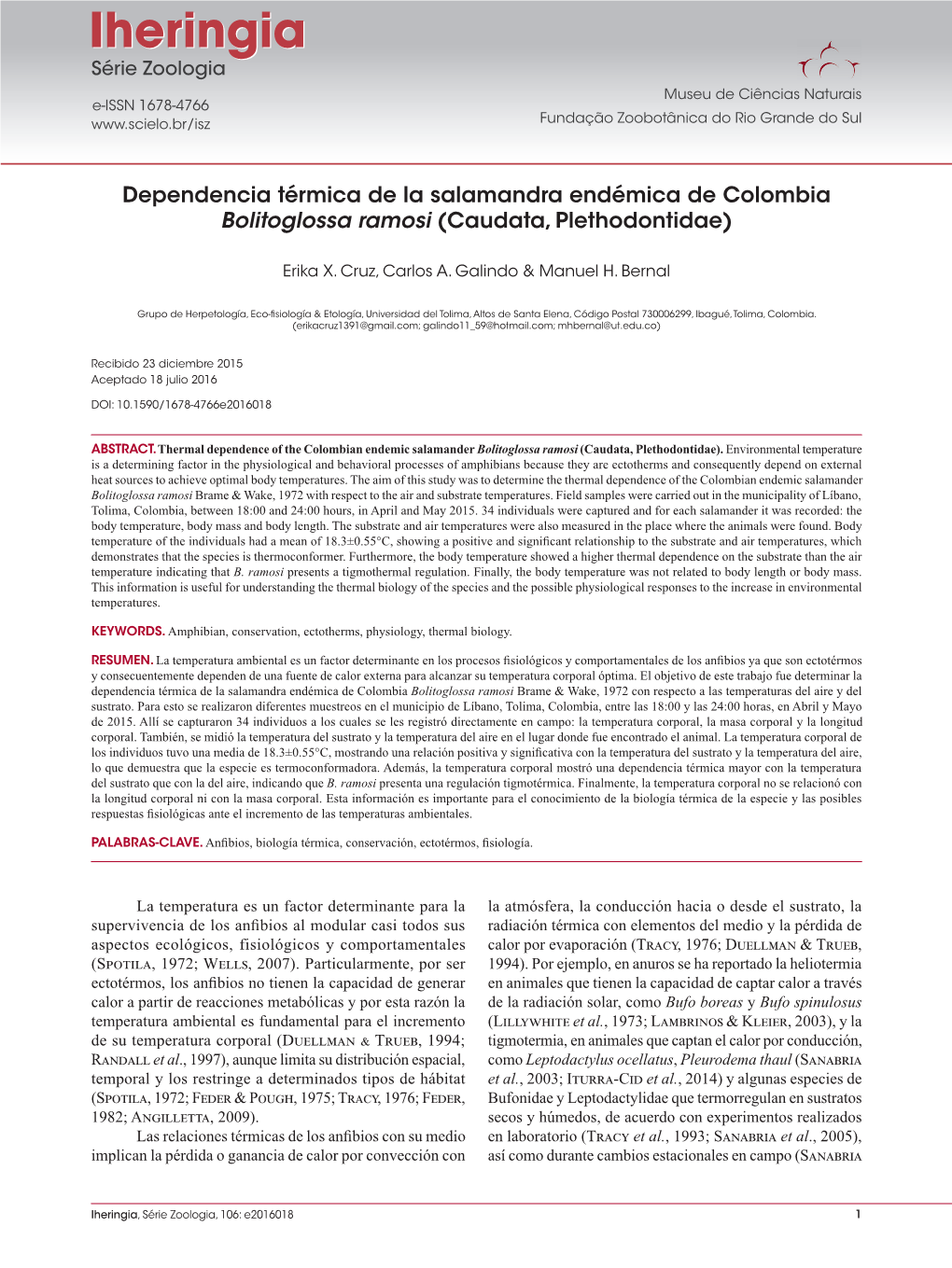 Dependencia Térmica De La Salamandra Endémica De Colombia Bolitoglossa Ramosi (Caudata, Plethodontidae)