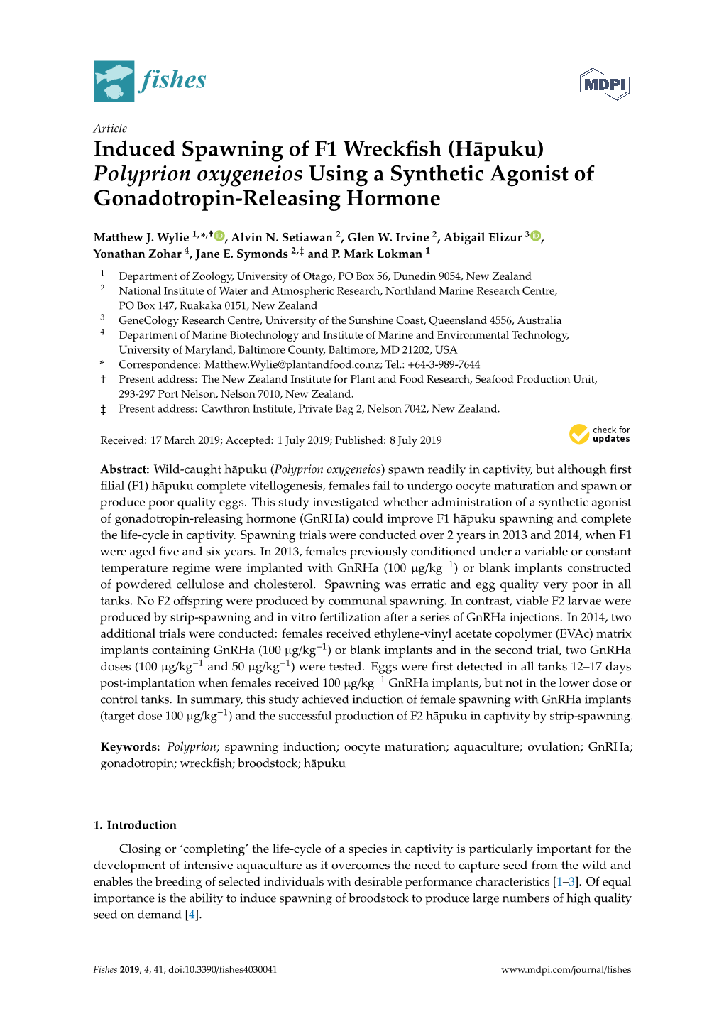 Induced Spawning of F1 Wreckfish (Hāpuku) Polyprion Oxygeneios Using a Synthetic Agonist of Gonadotropin-Releasing Hormone