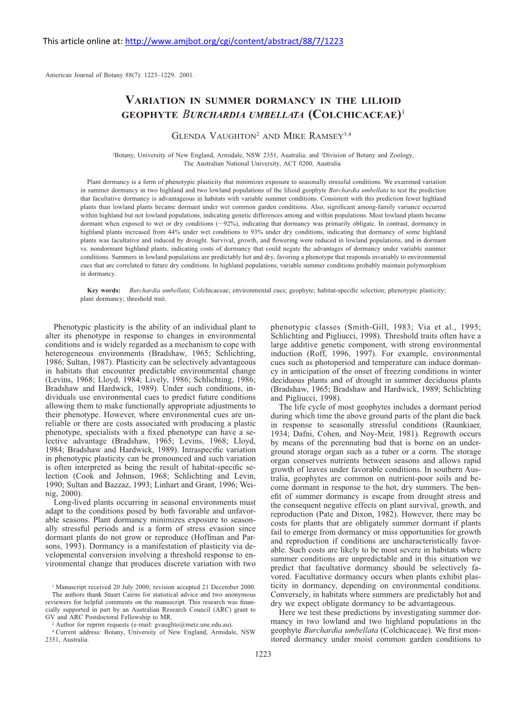 Variation in Summer Dormancy in the Lilioid Geophyte Burchardia Umbellata (Colchicaceae)1