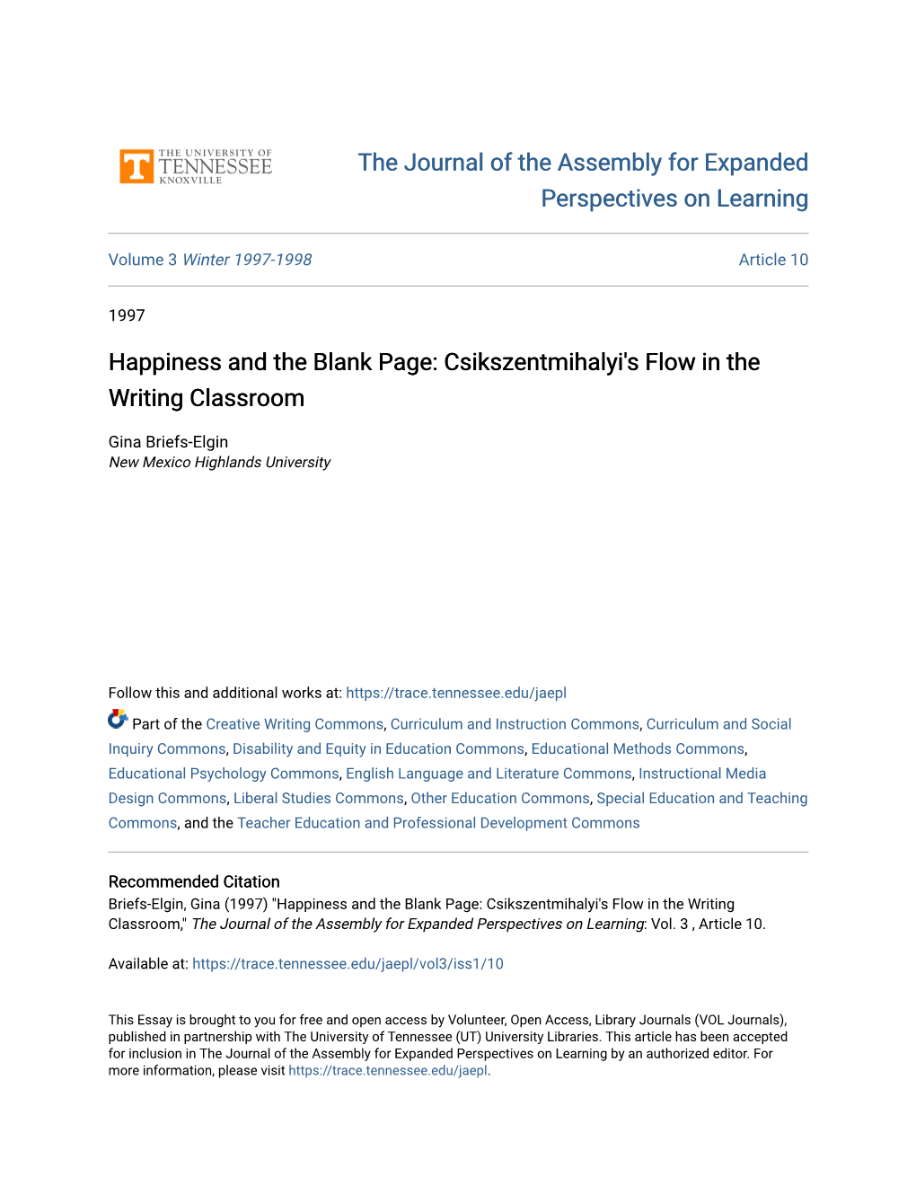 Happiness and the Blank Page: Csikszentmihalyi's Flow in the Writing Classroom