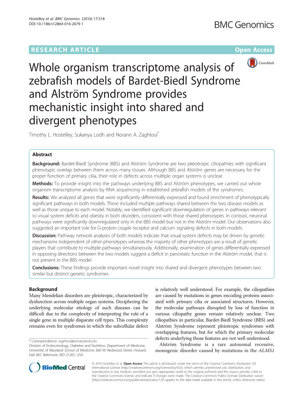 Whole Organism Transcriptome Analysis of Zebrafish Models of Bardet-Biedl Syndrome and Alström Syndrome Provides Mechanistic In