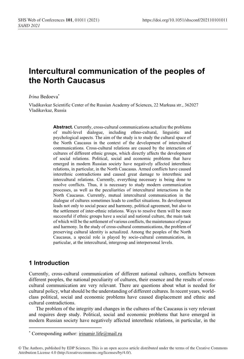 Intercultural Communication of the Peoples of the North Caucasus