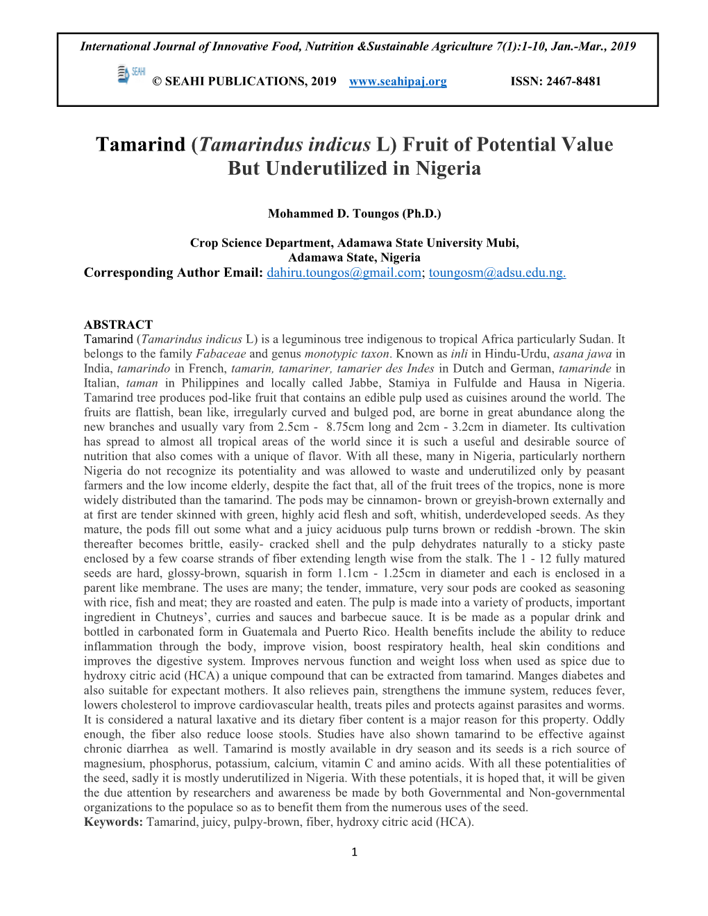 Tamarind (Tamarindus Indicus L) Fruit of Potential Value but Underutilized in Nigeria