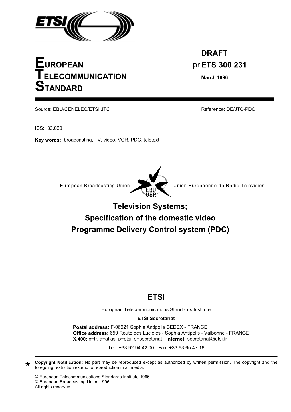 ETS 300 231 TELECOMMUNICATION March 1996 STANDARD